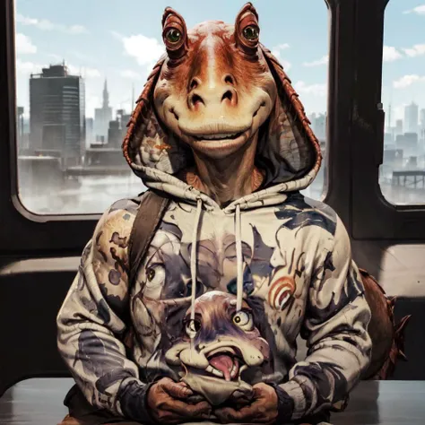 masterpiece, best quality, jar jar binks, Beautiful Art Style, 1girl, young woman, ahegao hoodie, conversational, fire, heart hands, <lora:ahegaoHoodie:0.8> <lora:jarJarBinksGunganStar_v3:0.6>