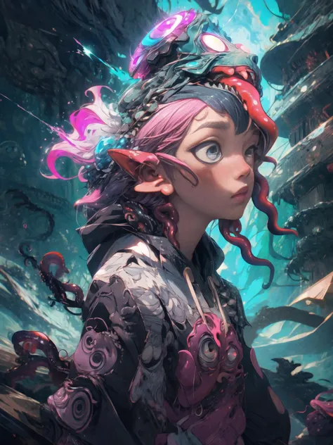 masterpiece, best quality, by artist junji ito style, shoggoth, body horror, black slime, melting, 1girl, <lora:ahegaoHoodie:1>, ahegao hoodie, wearing hoodie, blushing , <lora:CosmicEldritchTech:.5>, vivid colors, tentacles, spikes, chains, particle effects, 8k, absurdres, (extremely detailed CG unity 8k wallpaper), intricate storm of swirls of light in the head, stylized beauty, by petros afshar, ross tran, tom whalen, peter mohrbacher, artgerm, shattered glass, bubbly underwater scenery, radiant light, big eyes, , Hasselblad photography, 4k photograph, sharp focus, intricate details, ((intricate alien hood)), chubby, (pink collar) (tentacle hair:1.4), <lora:more_details:.3>, <lora:LAS:.5>, <lora:眼睛双:.5>