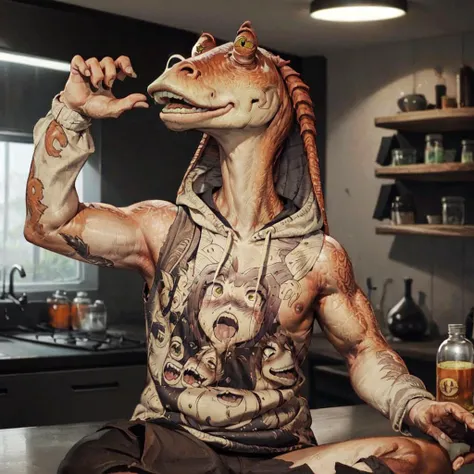 masterpiece, best quality, jar jar binks, Beautiful Art Style, 1girl, young woman, ahegao hoodie, lush, fall, flexing, <lora:ahegaoHoodie:0.8> <lora:jarJarBinksGunganStar_v3:0.6>