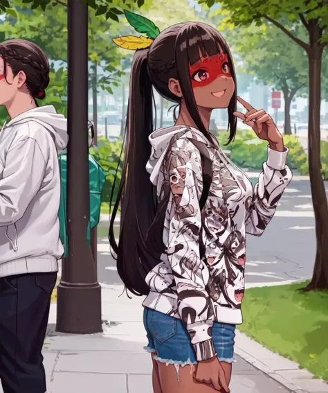 (masterpiece, best quality:1.2), 1girl, (ahegao hoodie:1.1), smile, (kuruminha, dark skin, feather, red shaded face:1.1), blunt [bangs|ends], black hair, long hair, brown eyes, outdoors, cutoffs, ponytail, sidelocks, breasts, [shoulder::1] bag, long sleeves, from side
<lora:ahegaoHoodie-000009:0.8> <lora:kuruminha_v10:0.8>