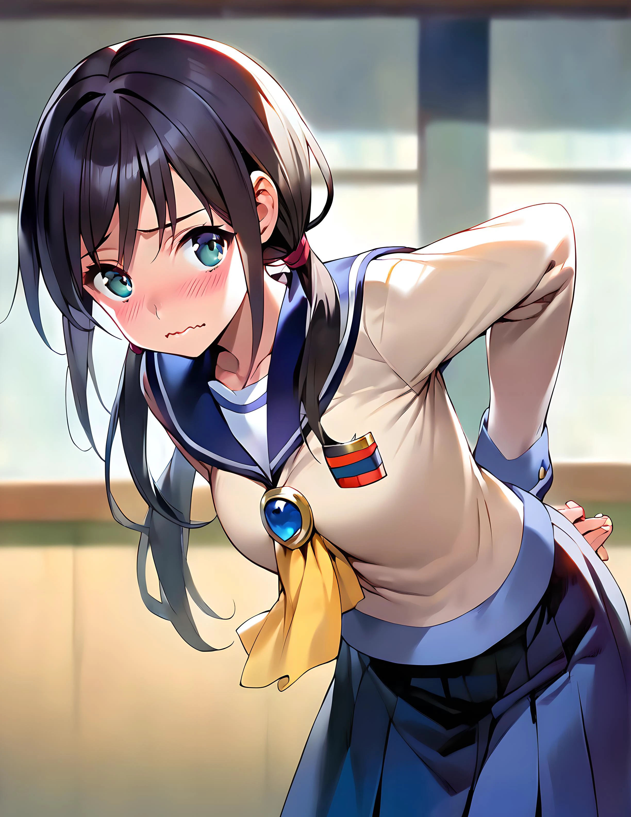 <lora:pony_xl_ayumi:0.8>,ayumi,score_9,score_8_up,score_7_up,source_anime,1girl,solo,school uniform,serafuku,long sleeves,ascot,take a look away from the viewer,:d,heart shape effect,eyes in the shape of a heart,front view,looking in love,wavy mouth,blush,arms_behind_back,leaning_forward,