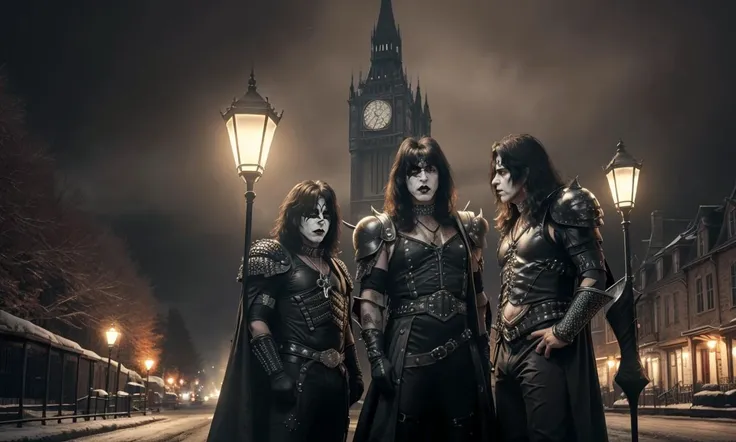 kissb2023, 4 men, 4 people, masterpiece, best quality, 8k, uhd, detailed skin, standing dark castle, gothic setting, horror \(theme\), cowboy shot, night, darkness, cinematic lightin, dramatic lighting, lamppost, armor, fantasy,
