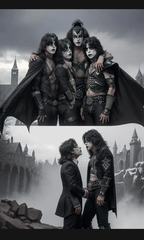 kissb2023, 4 men, 4 people, masterpiece, best quality, 8k, uhd, detailed skin, standing dark castle, gothic setting, horror \(theme\), cowboy shot,
