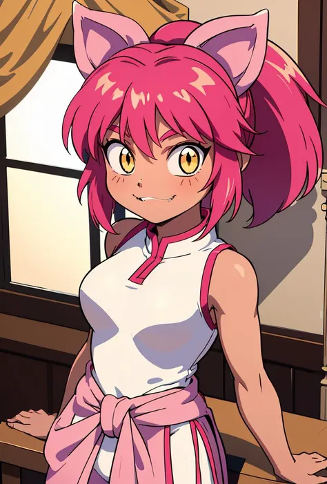 (masterpiece, best quality), 1girl,  <lora:mariah:0.8> mariah, 1girl, long hair, looking at viewer, smile, animal ears, bare shoulders, medium breasts, yellow eyes, ponytail, pink hair, sleeveless, pants, cat ears, dark skin, dark-skinned female, bare arms, fangs, chinese clothes, slit pupils,