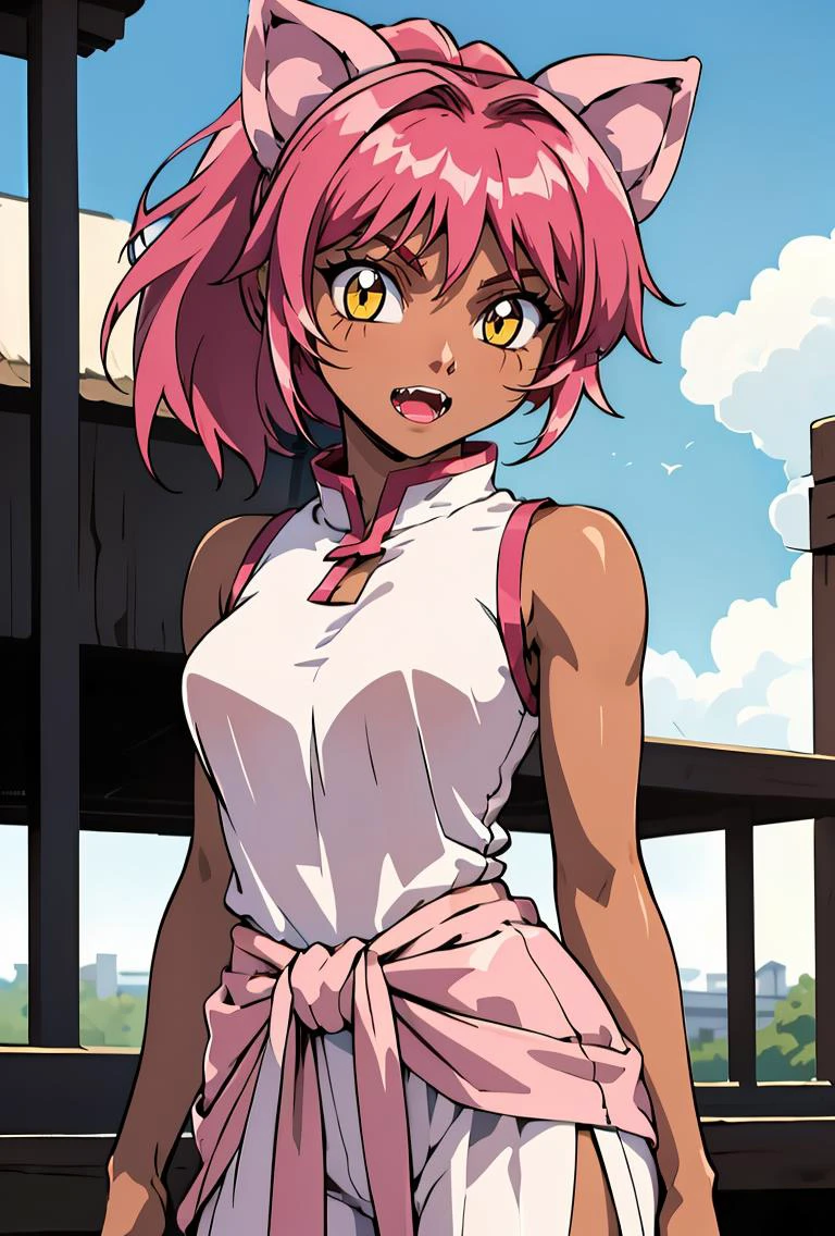 (masterpiece, best quality), 1girl,  <lora:mariah:0.8> mariah, 1girl, long hair, looking at viewer, smile, animal ears,  shoulders, , yellow eyes, ponytail, pink hair, sleeveless, pants, cat ears, dark skin, dark-skinned female,  arms, fangs, chinese clothes, slit pupils,