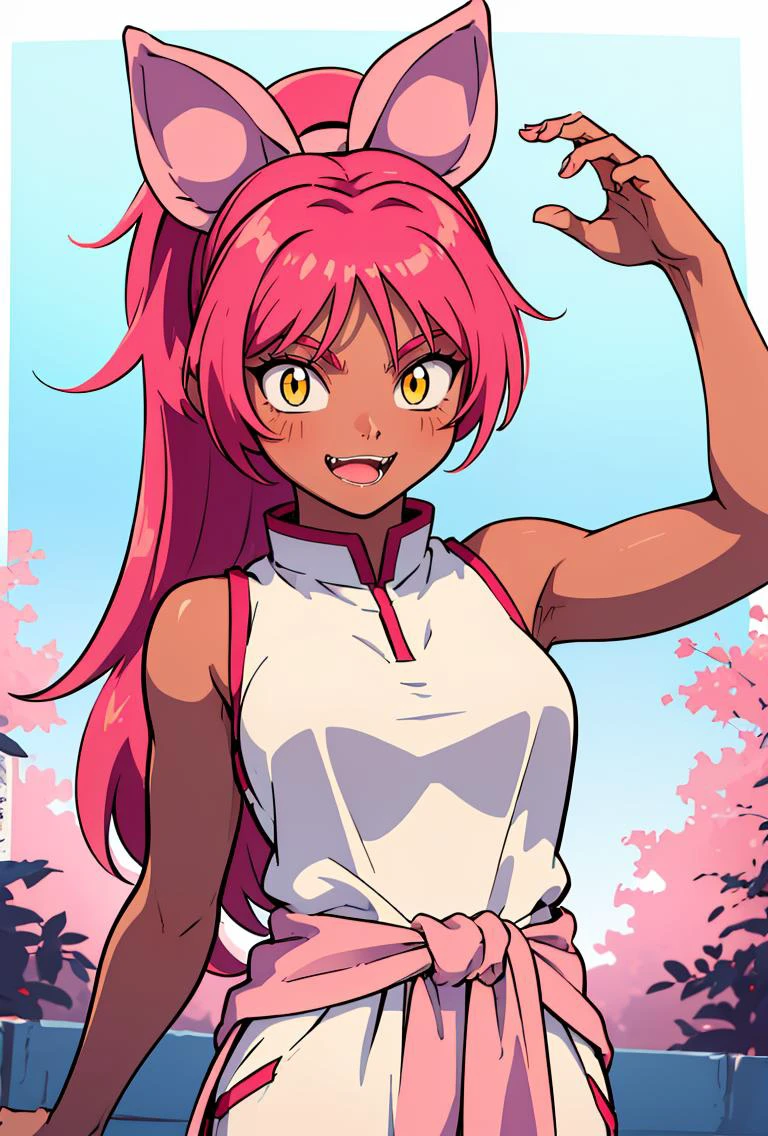 (masterpiece, best quality), 1girl,  <lora:mariah:0.8> mariah, 1girl, long hair, looking at viewer, smile, animal ears,  shoulders, , yellow eyes, ponytail, pink hair, sleeveless, pants, cat ears, dark skin, dark-skinned female,  arms, fangs, chinese clothes, slit pupils,