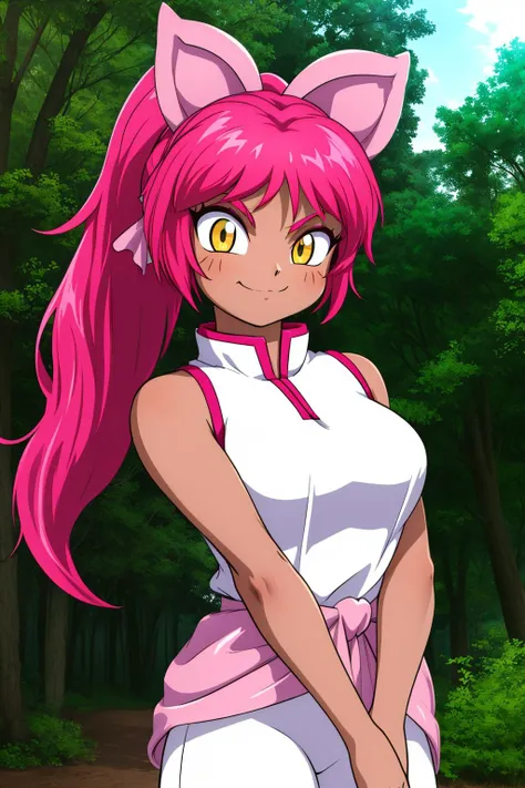 mariah, 1girl, long hair,  animal ears, bare shoulders, yellow eyes, ponytail, pink hair, sleeveless, pants, cat ears, dark skin, dark-skinned female, bare arms, chinese clothes, slit pupils
smile,closed mouth,cowboy shot,
forest,outdoor,
(insanely detailed, beautiful detailed face, masterpiece, best quality) cinematic lighting,<lora:mariah-000007:1>, <lora:more_details:0.3>,