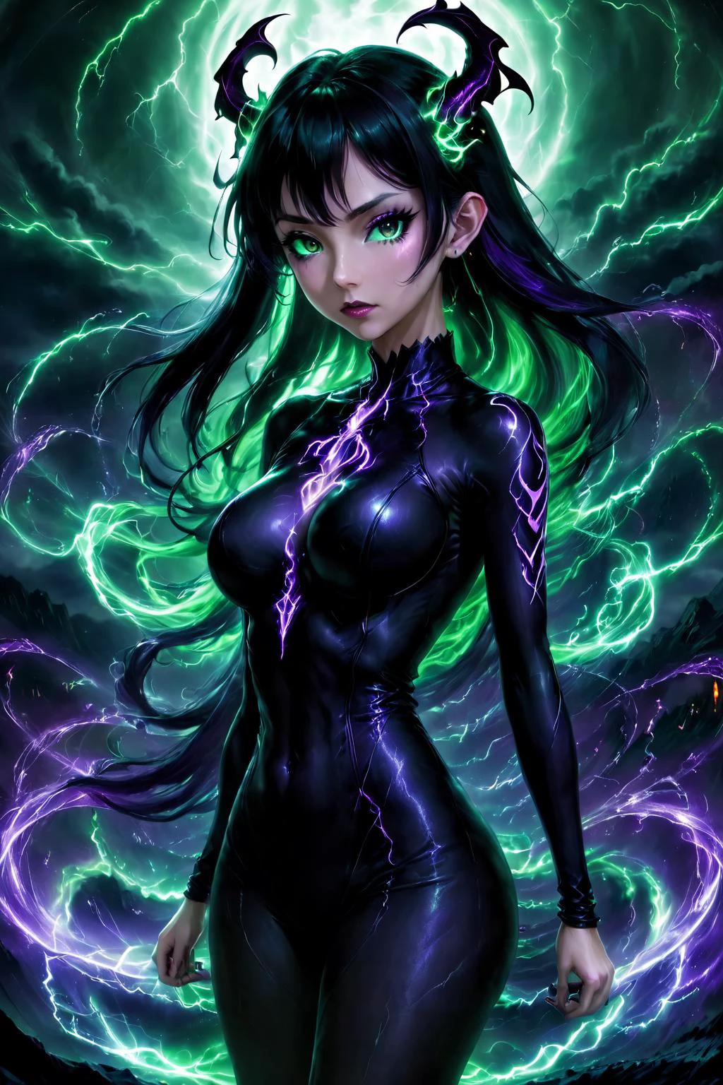 Dreamscape horror-themed (((Ultra-detailed, 8k, highres, masterpiece)))(((epic-Ultra-HD-details, epic-Ultra-HD-highlights, upscaled-resolution, optimal))),1woman,demonic features,succubus,(((extremely detailed face))),fire,lightning,swirling storm clouds in the background,<lora:more_details:1>,<lora:More_interesting_backgrounds:1>,IBG,full moon,<lora:DemonicT:0.6>,hollowed skin,curvy,purple eyes,demon tail,demonic,full body,large breasts,long hair,purple hair,tail ornament,tongue,two-tone hair,claws,<,,<lora:shodan:0.8>,, shodanSS_soul3142, 1girl, portrait, green theme, neon,,<lora:Voidmagic_XL_version:0.8>,, DonMV01dfm4g1c3XL,,(((text))),((color)),(shading),background,noise,dithering,gradient,detailed,out of frame,ugly,error,Illustration, watermark,(((gothic ink on paper))),H.P. Lovecraft,Arthur Rackham,(((text))),((color)),(shading),background,noise,dithering,gradient,detailed,out of frame,ugly,error,Illustration, watermark,(((clean ink anime illustration))),Studio Ghibli,Makoto Shinkai,Hayao Miyazaki,Audrey Kawasaki, eerie, unsettling, dark, spooky, suspenseful, grim, highly detailed . Surreal, ethereal, dreamy, mysterious, fantasy, highly detailed