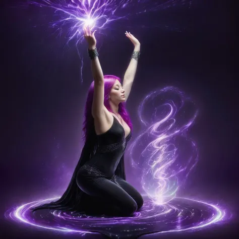 DonMV01dfm4g1c3XL, a photo of a woman kneeling and casting a spell, beautiful, long purple hair, goth, pale skin, magic, light particles, feminine, sexy, 20yo, looking to the side, cinematic photograph, highly detailed, professional, masterpiece <lora:Voidmagic_XL_version:1>