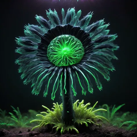 ((best quality)), ((masterpiece)), ((realistic,digital art)), (hyper detailed),DonMV01dfm4g1c3XL Substantial Green Spore Print Stiffly upright Tapered plant,    Bluish-Black Spore Print Amphitropous Seeds, Spongy,  Rhizomatous root , octane rendering, raytracing, volumetric lighting, Backlit,Rim Lighting, 8K, HDR, scifi, tech, mechanical, futurism  <lora:Voidmagic_XL_version-000014:0.75>