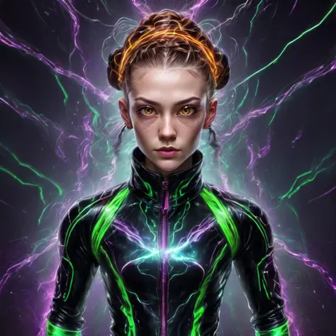 ((best quality)), ((masterpiece)), ((realistic,digital art)), (hyper detailed),DonMV01dfm4g1c3XL female Cyber Surveillance Specialist, Gene-spliced Hybrids, Beings resulting from genetic manipulation, exhibiting a mix of species traits, Geriatric, Refined, Native American, Honey eyes, Bulbous Nose, Pointed Chin, Soft Cheeks, Curved Forehead, Triangle face shape, , Copper Crown braid hair, Pride, Tense Crouch, Character crouches low with arms tensed, prepared for a sudden action., wearing Olive Leopard print Digital Mesh Leggings, Holo-Mesh Wrap Jacket, , Quantum-Vinyl Fascinator Hat, , Augmented Stride, Character walks confidently with one foot forward, head slightly tilted, and eyes focused on a virtual display only they can see, octane rendering, raytracing, volumetric lighting, Backlit,Rim Lighting, 8K, HDR, <lora:Voidmagic_XL_version-000014:1>
