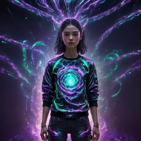 ((best quality)), ((masterpiece)), ((realistic,digital art)), (hyper detailed),DonMV01dfm4g1c3XL upper body clothing, Crew Neck, Quantum-tech Emissive Material, , Holographic Projector Walls, Three-Quarter Sleeves, Mini Length, High Waist, Oil Wash,,Front Pockets, , octane rendering, raytracing, volumetric lighting, Backlit,Rim Lighting, 8K, HDR, <lora:Voidmagic_XL_version-000014:1>