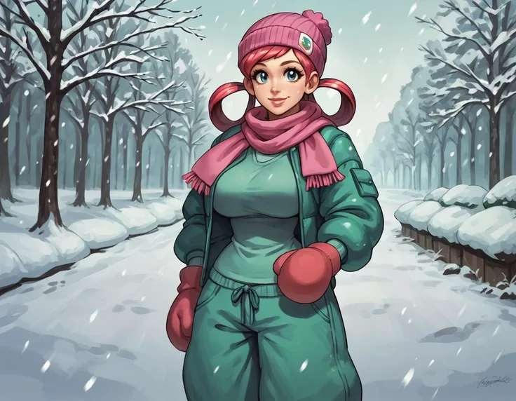 score_9, score_8_up, score_7_up, looking at viewer, large breasts, lips, <lora:EPpkNurseJoyPony:0.8> eppknursejoy, hair rings, puffy jacket, beanie, scarf, mittens,  smiling, outside, snowing, baggy pants,