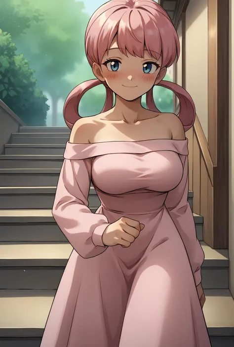 bare shoulders, collarbone, off-shoulder dress, long sleeves, long dress, pink dress, cowboy shot, smile, seductive smile, blush, stairs, score_9, score_8_up,score_7_up, source_anime, 1girl, solo, <lora:EPpkNurseJoyPony_epoch_15:1>, eppknursejoy, pink hair,  blue eyes, long hair, blush, large breasts, hair rings, bumper bangs,