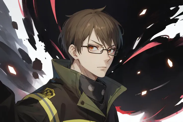 (1male:1.6),solo,male focus,25 year old,<lora:TakehisaHinawa:0.7>,(pale skin:1.3),glasses,[short hair],(brown hair:1.1),brown eyes,handsome,hair in front of face,dramatic,Takehisa_Hinawa,looking at viewer,(best quality:1.4),[:intricate details:0.2],masterpiece,broad,muscular man,detailed background,semirealistic,(mood lighting:1.1),facing forward,fighting,fire force uniform,enen no shouboutai,dynamic pose,fighting pose,