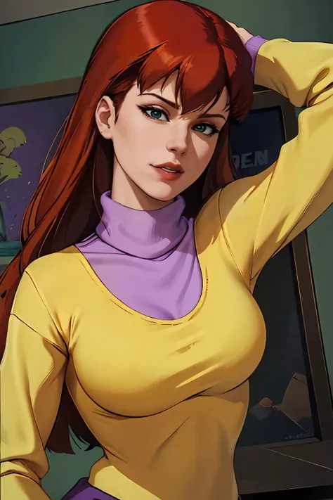 ((masterpiece, best quality, ultra-detailed, ultra-HD, photorealistic, cinematic)), (close-up camera shot:1.2), (sensual pose), (alluring and voluptuous female as Daphne Blake), perfect anatomy, perfect face, huge saggy breasts, proportioned hands, (shoulder-length red hair:1.3), (purple top, dress, pink pantyhose, and purple shoes), (wears a plastic purple headband and a green scarf), ((dynamic background))