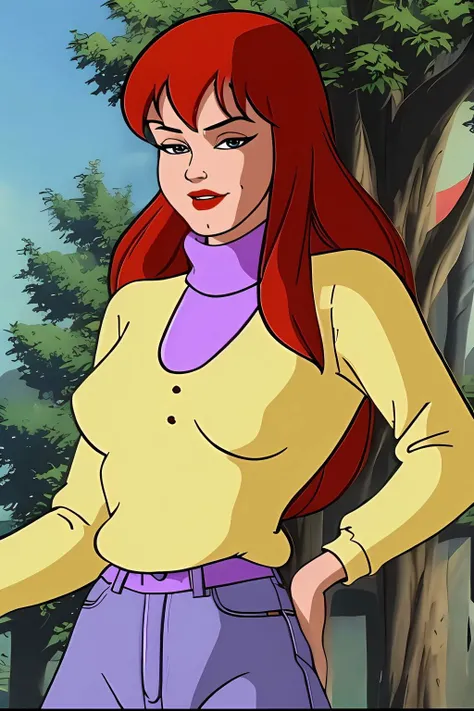 absurdres, mary jane watson, upper body, yellow sweater with purple turtleneck <lora:Mary Jane Watson_v1:1>