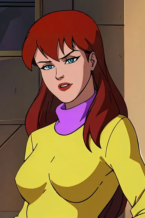 absurdres, mary jane watson, upper body, yellow sweater with purple turtleneck <lora:Mary Jane Watson_v1:1>