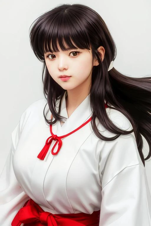 Simple White Background,
white kimono,White japanese clothes,wide sleeves,
red hakama,red Skirt,red ribbon,
<lora:Kikyo_Inuyasha-KK77-V1_2:0.7>,
bangs, blunt bangs, brown eyes, long hair,Black Hair,
<lora:chilloutmixss30_v30:0.1>,<lora:more_details:0.1>,
1 girl, 20yo,Young female,Beautiful long legs,Beautiful body,
Beautiful Nose,Beautiful character design, perfect eyes, perfect face,expressive eyes,perfect balance,
looking at viewer,(Focus on her face),closed mouth, (innocent_big_eyes:1.0),(Light_Smile:0.3),
official art,extremely detailed CG unity 8k wallpaper, perfect lighting,Colorful, Bright_Front_face_Lighting,White skin,
(masterpiece:1.0),(best_quality:1.0), ultra high res,4K,ultra-detailed,
photography, 8K, HDR, highres, absurdres:1.2, Kodak portra 400, film grain, blurry background, bokeh:1.2, lens flare, (vibrant_color:1.2),professional photograph,
(Beautiful,large_Breasts:1.4), (beautiful_face:1.5),(narrow_waist),