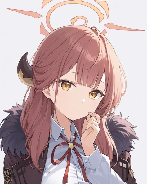 aru \(blue archive\),1girl, solo, horns, white_shirt, neck_ribbon, red_ribbon, halo, upper_body, long_sleeves, looking_at_viewer, white_background, closed_mouth, breasts, hand_on_own_chin, fur-trimmed_jacket, collared_shirt, fur-trimmed_coat, sparkle, simple_background, hand_up, fur_collar
<lora:aru_(blue_archive)_image2817_2023-11-25-000009:1>halo. gorgeous,key visual, vibrant, studio anime,award-winning, professional, highly detailed,high budget, cinemascope