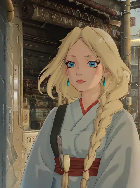 nastasya, 1girl, solo, long hair, looking at viewer, blue eyes, blonde hair, jewelry, closed mouth, braid, earrings, ((single braid)), large breast, makeup, lipstick, freckles, red lips, <lora:Nastasya-15:0.7> flower hair ornament, alleyway, vending machine, japanese vending machine, alley,, (cinematic look:1.4), soothing tones, insane details, intricate details, hyperdetailed, low contrast, soft cinematic light, dim colors, exposure blend, hdr, faded, slate gray atmosphere