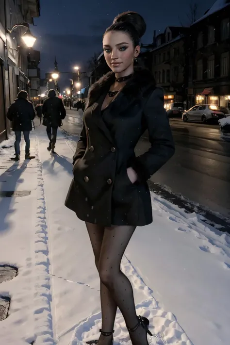 REExcellaGionne, blue eyes, black hair, single hair bun,choker,wearing jack3tdr3ss,fur collar, pantyhose, looking at viewer, smiling, standing, hands in pockets, outside, street, snow, night, high quality, masterpiece, <lora:REExcella Gionne:.8> <lora:jack3tdr3ss2:.6>