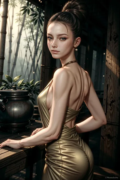 Please follow all prompts below exactly and faithfully. This is a breathtaking masterpiece of digital illustration, with maximum resolution, UHD, 512K, 2160p, 10 million ppi, 300 million dpi, natural color tones, ultra sharp details, perfect outlines with contrast, **most realistic skin and hair textures**, most beautiful detailed eye features, perfect anatomically correct human body, beautiful background with depth, rule of thirds, depth of field, Maximize all element is used to its full potential to create the best digital illustrations, looking back, from behind, 1woman, sexy:1.5, beautiful face sharp, elegant woman, perfect body style, slender, beautiful big breasts, green eyes, blonde hair, hair over one eye, short hair, glossy very thick lips:0.7, pink lipstick:0.7, smile, (Chinese clothes:1.5), ultra miniskirt:1.3, neckless:1.5, earring, bracelet, (open cafe:1.5),