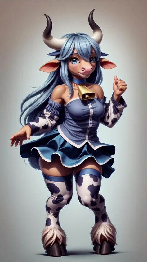 <lora:BovineDNA:0.8> bovinedna, cowgirl, cowbell, choker, hooves, <lora:konosuba_aqua:0.8> ksaqua, hair rings, blue shirt, bow, detached sleeves, skirt, thighhighs, bare shoulders