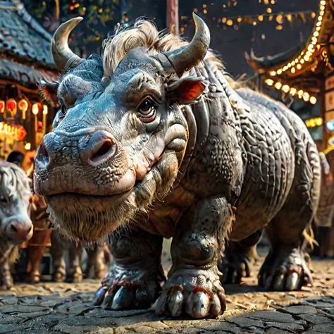 <lora:Bovine_DNA_XL:1>bovinedna, Hippopotamus cinematic photo with dramatic lighting, high-fantasy night market, <lora:detailed_notrigger:0.7> <lora:Mythical_Beasts:1>fmb