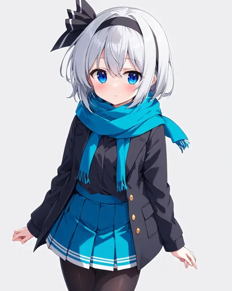 konpaku youmu,1girl, solo, black_hairband, coat, blue_scarf, blue_skirt, long_sleeves, blush, black_pantyhose, looking_at_viewer, white_background, closed_mouth, cowboy_shot, black_ribbon, hitodama, hair_ribbon, simple_background, pleated_skirt, alternate_costume
<lora:konpaku_youmu_image12882_2023-12-14-000004:1>,star-shaped_pupils,symbol-shaped_pupils,. gorgeous,key visual, vibrant, studio anime,award-winning, professional, highly detailed,high budget, cinemascope