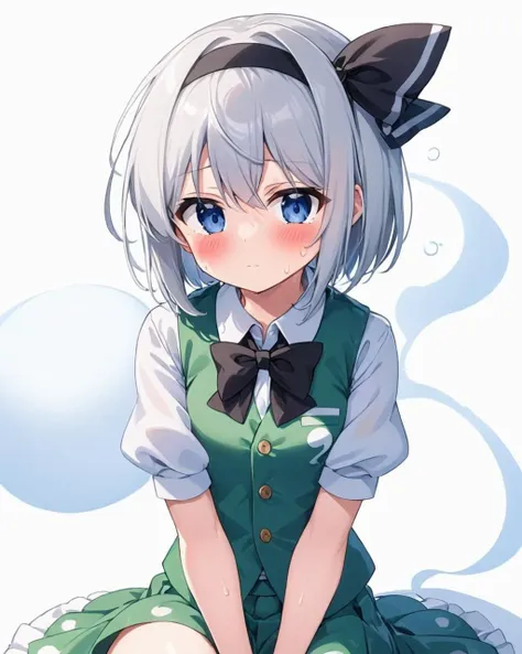 konpaku youmu,1girl, solo, green_vest, white_background, green_skirt, simple_background, blush, black_hairband, white_shirt, closed_mouth, collared_shirt, tears, sitting, black_ribbon, black_bowtie, hair_ribbon, hitodama_print, puffy_short_sleeves, sweat, looking_at_viewer, buttons
<lora:konpaku_youmu_image12882_2023-12-14-000004:1>,star-shaped_pupils,symbol-shaped_pupils,. gorgeous,key visual, vibrant, studio anime,award-winning, professional, highly detailed,high budget, cinemascope