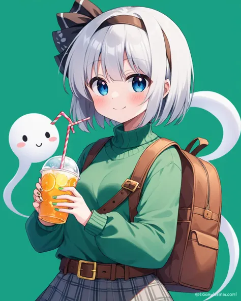 konpaku youmu,1girl, solo, green_sweater, smile, alternate_costume, blush, looking_at_viewer, closed_mouth, star_\(symbol\), hairband, drinking_straw, plaid, green_shirt, twitter_username, holding_cup, ghost, brown_belt, drink, fingernails, puffy_long_sleeves, backpack, ribbon, green_background, nail_polish, grey_skirt
<lora:konpaku_youmu_image12882_2023-12-14-000004:1>,star-shaped_pupils,symbol-shaped_pupils,. gorgeous,key visual, vibrant, studio anime,award-winning, professional, highly detailed,high budget, cinemascope