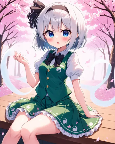 konpaku youmu,1girl, green_vest, solo, green_skirt, black_hairband, white_shirt, open_mouth, black_ribbon, sitting, cherry_blossoms, puffy_short_sleeves, hitodama, looking_at_viewer, blush, collared_shirt, skirt_set, :d, frilled_skirt, black_bowtie, hair_ribbon, hitodama_print, petals, blurry, bob_cut, pink_flower, ghost
<lora:konpaku_youmu_image12882_2023-12-14-000004:1>,star-shaped_pupils,symbol-shaped_pupils,. gorgeous,key visual, vibrant, studio anime,award-winning, professional, highly detailed,high budget, cinemascope