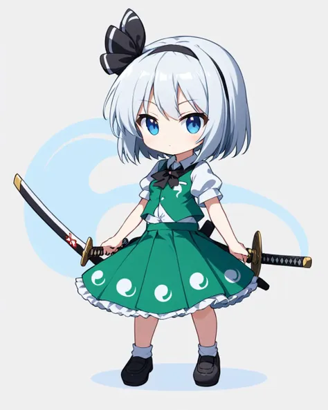 konpaku youmu,1girl, solo, white_background, black_hairband, green_skirt, chibi, simple_background, green_vest, katana, holding_sword, short_sleeves, full_body, black_footwear, closed_mouth, white_shirt, looking_at_viewer, black_ribbon
<lora:konpaku_youmu_image12882_2023-12-14-000004:1>,star-shaped_pupils,symbol-shaped_pupils,. gorgeous,key visual, vibrant, studio anime,award-winning, professional, highly detailed,high budget, cinemascope