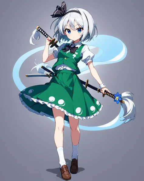 konpaku youmu,1girl, solo, green_vest, grey_background, white_shirt, puffy_short_sleeves, black_hairband, katana, green_skirt, simple_background, flower, white_socks, black_bowtie, shoes, black_ribbon, full_body, closed_mouth, collared_shirt, skirt_set, hair_ribbon, holding_sword, sheathed, brown_footwear, expressionless, hitodama, kneehighs, scabbard
<lora:konpaku_youmu_image12882_2023-12-14-000004:1>,star-shaped_pupils,symbol-shaped_pupils,. gorgeous,key visual, vibrant, studio anime,award-winning, professional, highly detailed,high budget, cinemascope