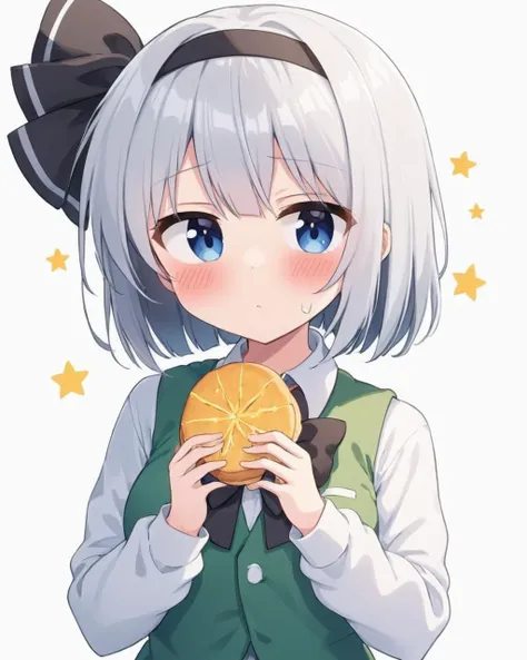 konpaku youmu,1girl, solo, one_eye_closed, ehoumaki, white_background, green_vest, white_shirt, simple_background, blush, long_sleeves, black_hairband, black_bowtie, upper_body, skirt, holding_food, hair_ribbon, eating, sexually_suggestive, collared_shirt, bob_cut, black_ribbon, sweatdrop
<lora:konpaku_youmu_image12882_2023-12-14-000004:1>,star-shaped_pupils,symbol-shaped_pupils,. gorgeous,key visual, vibrant, studio anime,award-winning, professional, highly detailed,high budget, cinemascope