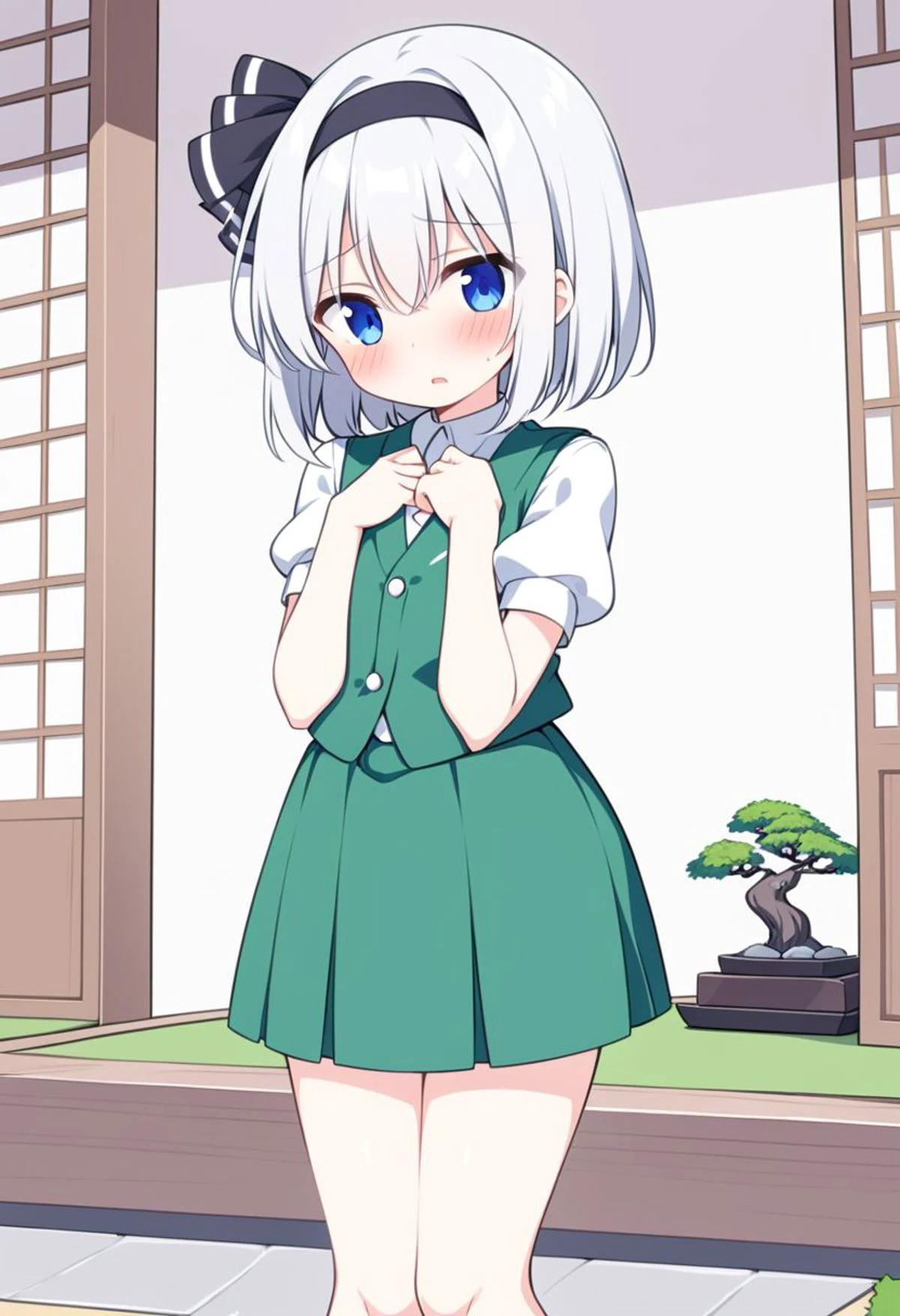 high quality, detailed, solo, side view, cute, embarrassed, shy, panic, white hair, straight hair, cartoon, short female, thin female,
blush, white shirt, button, green vest, black ribbon, black headband,
hands on own chest,
looking at viewer,
opened mouth,
short hair ,
solo,
whole body, green skirt, thin legs,
outside, Japanese garden, fake hill, bonsai
