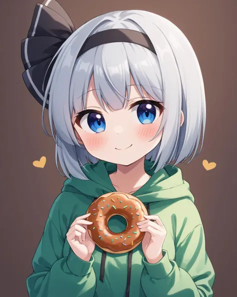 konpaku youmu,1girl, solo, doughnut, blush, upper_body, holding_food, long_sleeves, alternate_costume, smile, :q, hair_ribbon, green_hoodie, black_hairband, closed_mouth, heart, simple_background, sleeves_past_wrists, bob_cut
<lora:konpaku_youmu_image12882_2023-12-14-000004:1>,star-shaped_pupils,symbol-shaped_pupils,. gorgeous,key visual, vibrant, studio anime,award-winning, professional, highly detailed,high budget, cinemascope