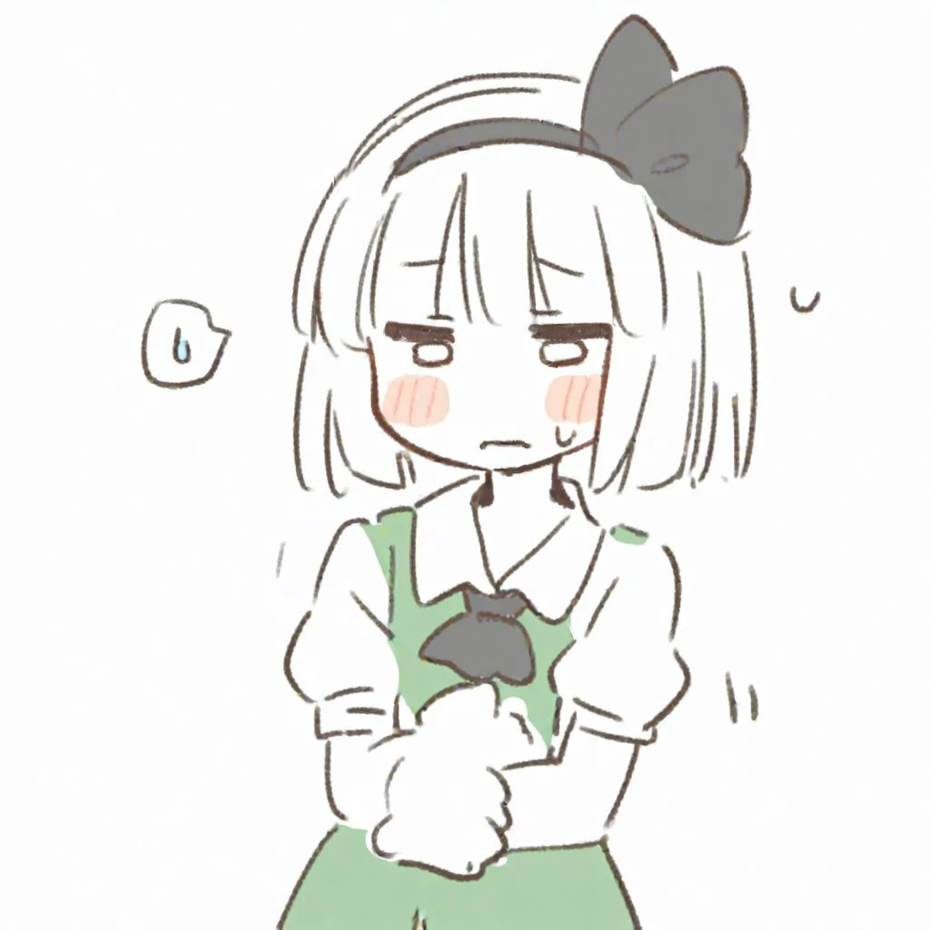 solo focus, (konpaku youmu, touhou), flustered, spoken sweatdrop, upper body, simple drawing