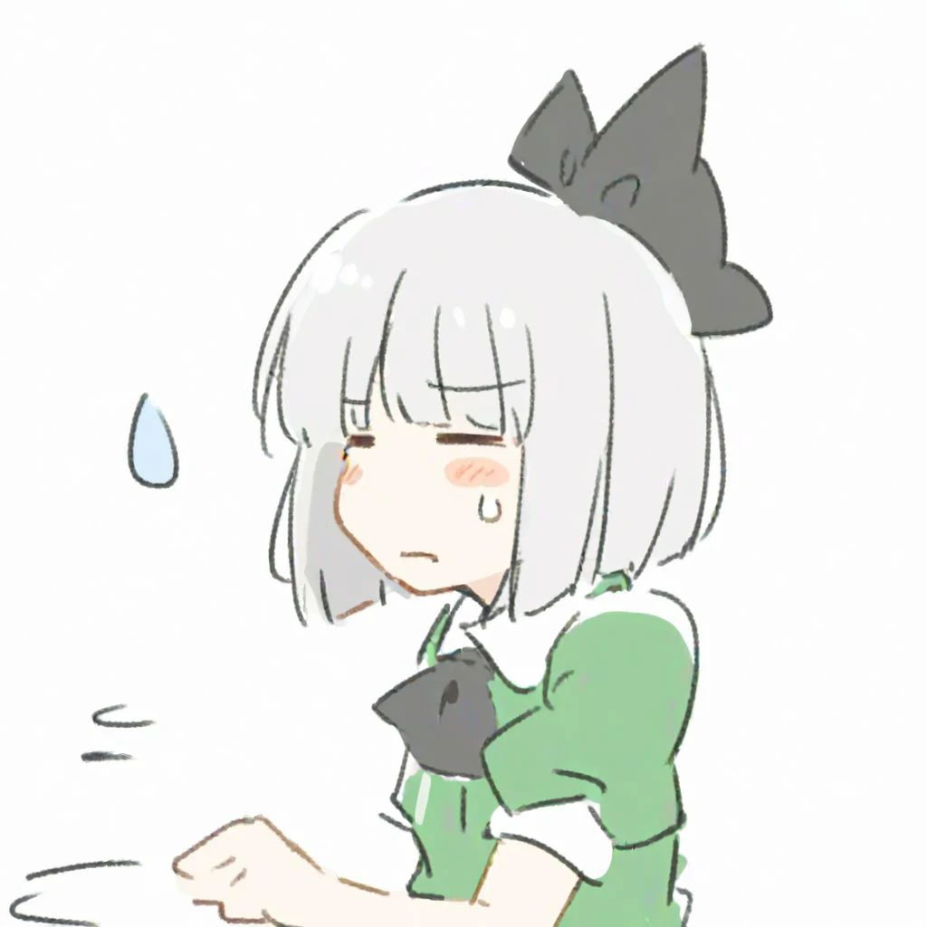 solo focus, (konpaku youmu, touhou), flustered, spoken sweatdrop, upper body, simple drawing