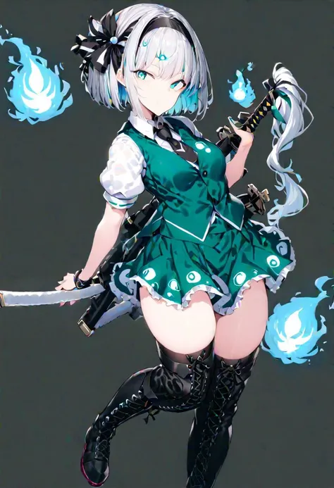 masterpiece, best quality, ultra-detailed, beautiful, nai3, 1girl, solo, full_body, tachi-e, 
((konpaku youmu)):2, black_hairband, black_necktie, black_ribbon, blue_eyes, bob_cut, collared_shirt, green_eyes, green_vest, hair_ribbon, hairband, hitodama_print, necktie, puffy_short_sleeves, puffy_sleeves, ribbon, shirt, short_hair, short_sleeves, vest, white_hair, white_shirt, aqua_eyes, 
frilled_skirt, frills, green_skirt, skirt, skirt_set, thighhighs, boots, cross-laced_footwear, thigh_boots, hitodama, 
katana, scabbard, sheath, sheathed, sword, wakizashi, weapon, holding, unsheathing, flower,