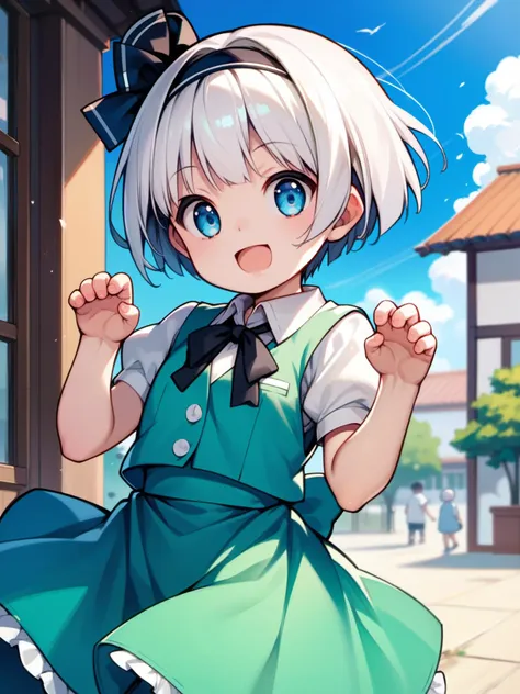 score_9, score_8_up, score_7_up, score_6_up, score_5_up, score_4_up, source_anime,source_cartoon,Uncensored,
by konpaku youmu, 
1girl,outdoors, blue sky, child,paw pose,open mouth, light smile,
short hair, white hair, ,blue eyes, hair_ribbon, black_ribbon, white_shirt, green_vest, collared_shirt, hitodama,green_skirt, puffy_short_sleeves, bob_cut,
, <lora:konpaku_youmu_image12882_2023-12-14:1>