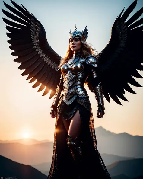 1girl wearing armor,edgWalkure,valkyrie,feathered wings,angel wings,helmet,cowboy shot,beautiful face,blonde long hair,looking at viewer,<lora:valkyrie_red_reindeers_edg:0.8>,,otudoors,sunrise,glorious temple,mountain, peak, glacier,
masterpiece,best quality,highres,absurdres,photorealistic,realistic,extremely detailed 8k wallpaper,intricate details,highest detailed,8k,HDR,ultra detailed,professional light,cinematic lighting,fashion photography,ambient lighting,face lighting,