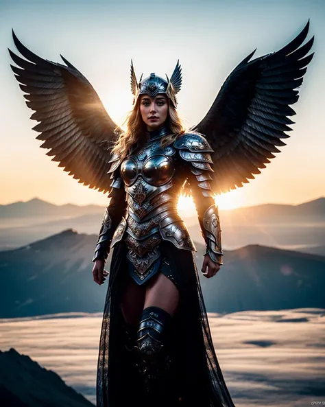 1girl wearing armor,edgWalkure,valkyrie,feathered wings,angel wings,helmet,cowboy shot,beautiful face,blonde long hair,looking at viewer,<lora:valkyrie_red_reindeers_edg:0.8>,,otudoors,sunrise,glorious temple,mountain, peak, glacier,
masterpiece,best quality,highres,absurdres,photorealistic,realistic,extremely detailed 8k wallpaper,intricate details,highest detailed,8k,HDR,ultra detailed,professional light,cinematic lighting,fashion photography,ambient lighting,face lighting,