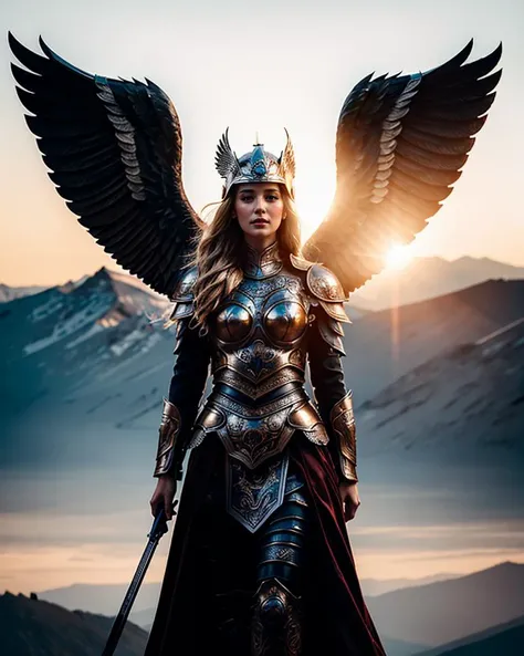 1girl wearing armor,edgWalkure,valkyrie,feathered wings,angel wings,helmet,cowboy shot,beautiful face,blonde long hair,looking at viewer,<lora:valkyrie_red_reindeers_edg:0.8>,,otudoors,sunrise,glorious temple,mountain, peak, glacier,
masterpiece,best quality,highres,absurdres,photorealistic,realistic,extremely detailed 8k wallpaper,intricate details,highest detailed,8k,HDR,ultra detailed,professional light,cinematic lighting,fashion photography,ambient lighting,face lighting,