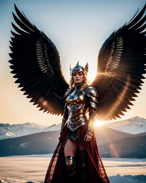 1girl wearing armor,edgWalkure,valkyrie,feathered wings,angel wings,helmet,cowboy shot,beautiful face,blonde long hair,looking at viewer,<lora:valkyrie_red_reindeers_edg:0.8>,,otudoors,sunrise,glorious temple,mountain, peak, glacier, 
masterpiece,best quality,highres,absurdres,photorealistic,realistic,extremely detailed 8k wallpaper,intricate details,highest detailed,8k,HDR,ultra detailed,professional light,cinematic lighting,fashion photography,ambient lighting,face lighting,