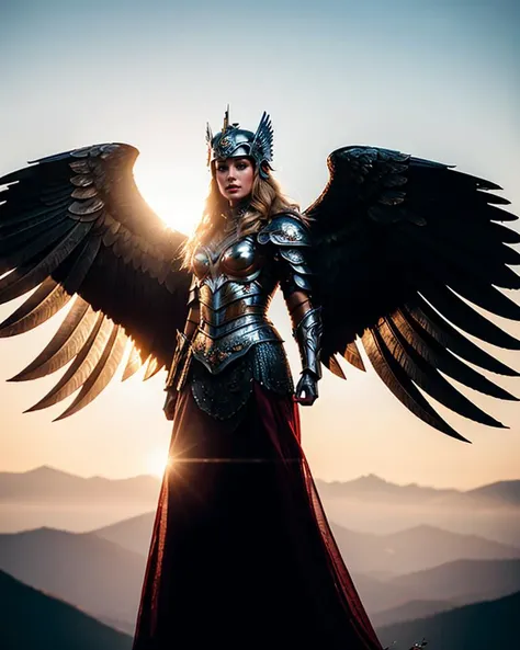 1girl wearing armor,edgWalkure,valkyrie,feathered wings,angel wings,helmet,cowboy shot,beautiful face,blonde long hair,looking at viewer,<lora:valkyrie_red_reindeers_edg:0.8>,,otudoors,sunrise,glorious temple,mountain, peak, glacier,
masterpiece,best quality,highres,absurdres,photorealistic,realistic,extremely detailed 8k wallpaper,intricate details,highest detailed,8k,HDR,ultra detailed,professional light,cinematic lighting,fashion photography,ambient lighting,face lighting,