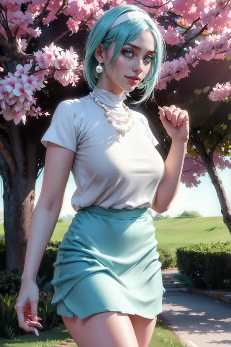 a cute girl with (pale skin) standing in a park during spring time, elegant, warm smile, (gradient blue and green hair), macromastia, (natural sagging breasts, large breasts), (white hairband, white sweater, pastel blue skirt, pink pearl necklace), pearl earrings, small waist, slender figure, (best quality, masterpiece:1.2), (highly detailed skin:1.2), cinematic soft light, looking at viewer, no bra, <lora:Saya-long breasts3:1> <lora:hardnip:0.4>