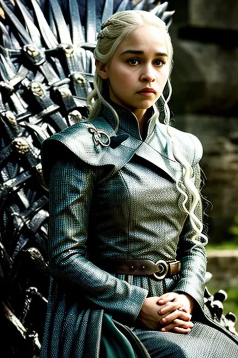 daenerysv100sd15 sitting on (ironthronerv20) with background of fire,long shot, master piece,4k, high quality