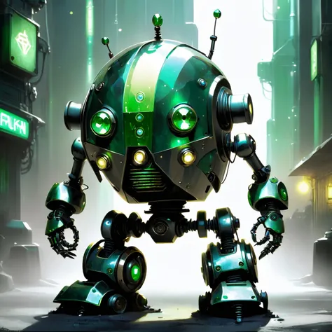 ciberpunk robot with green gems,  shine, back light light, ciberpunk city <lora:LabradoriteStyleAIXL:0.5> LabradoriteStyleAI
